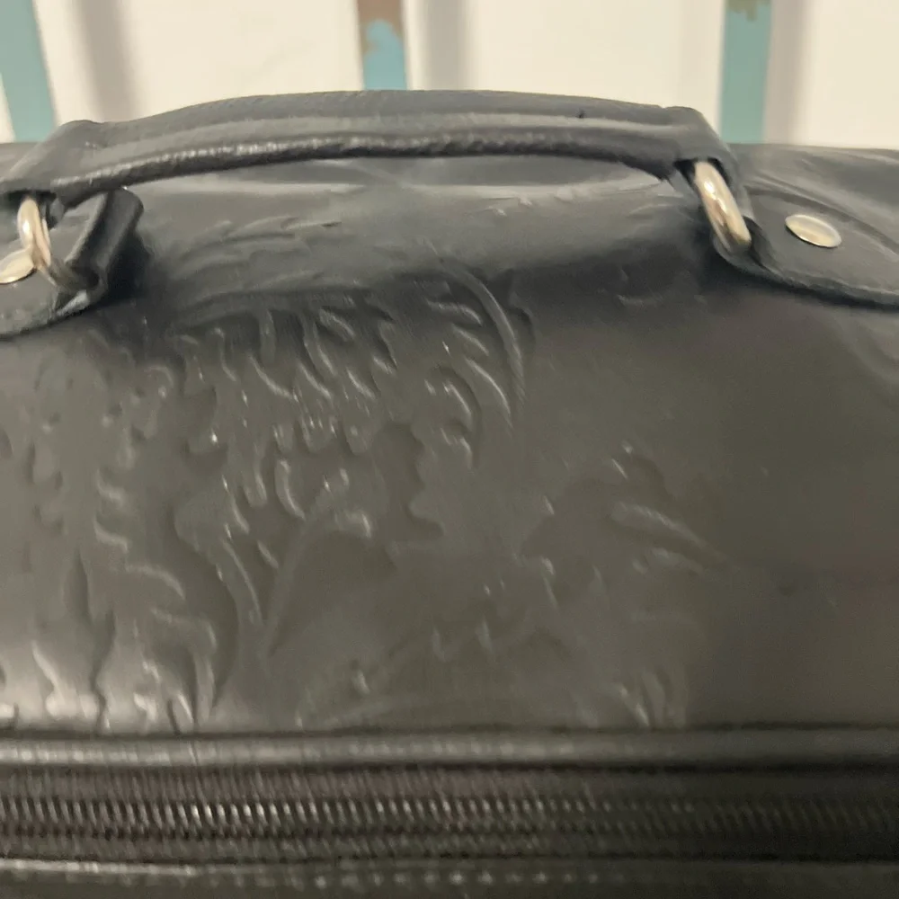 Black White Genuine Cowhide Embossed Leather Makeup Bag Travel Cosmetic Case
